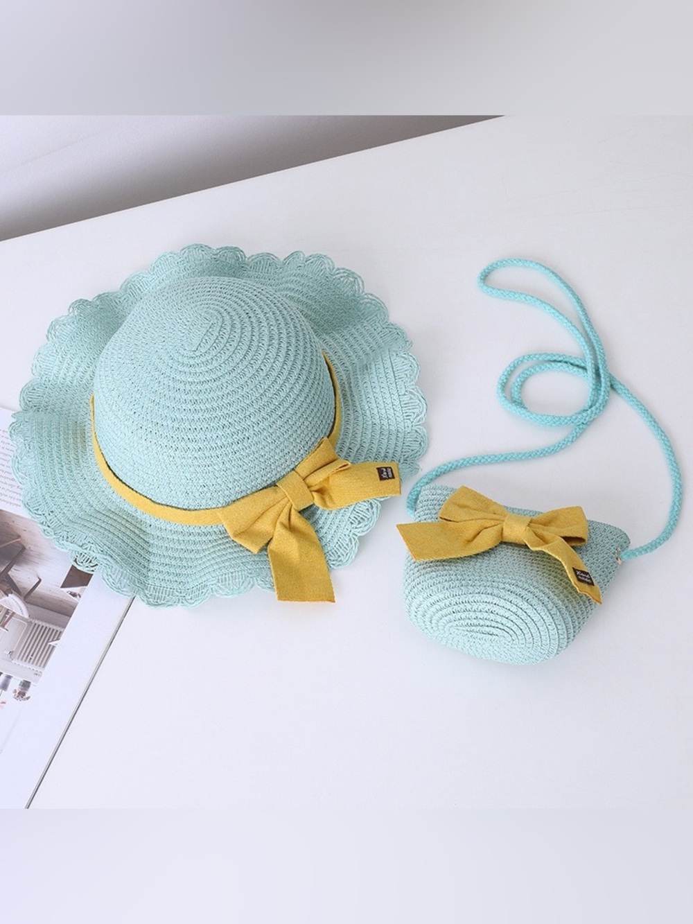 Mint Crochet Sun Hat & Crossbody Bag Set with Mustard Bow - Picture 1 of 13